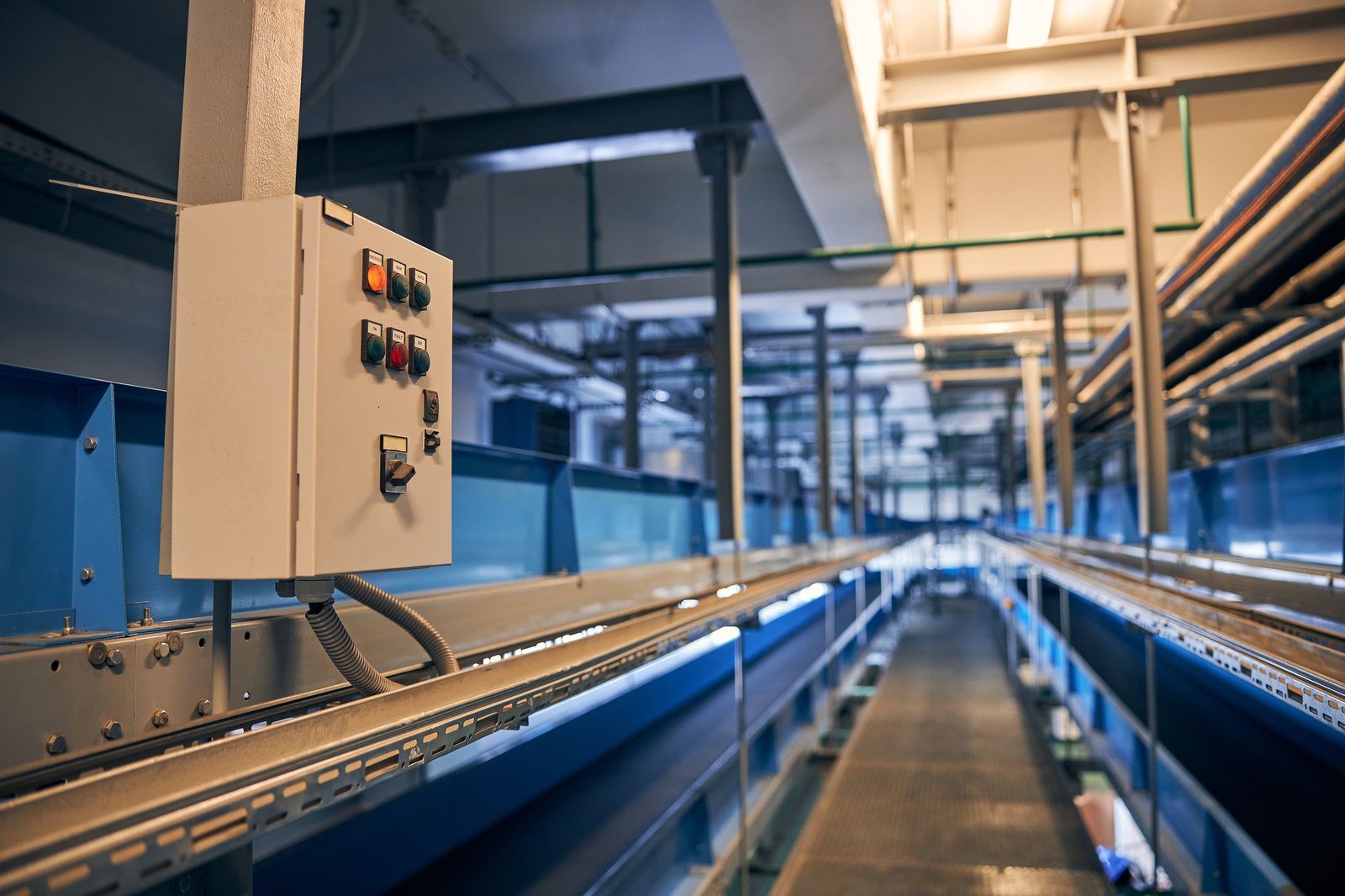 Empty manufacturing production line — machines ready, no workers